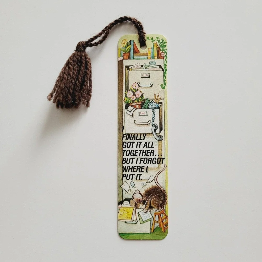 Vintage 70s Office Mouse Bookmark Brown Yarn Tassel 1978 Antioch Bookplate H-225